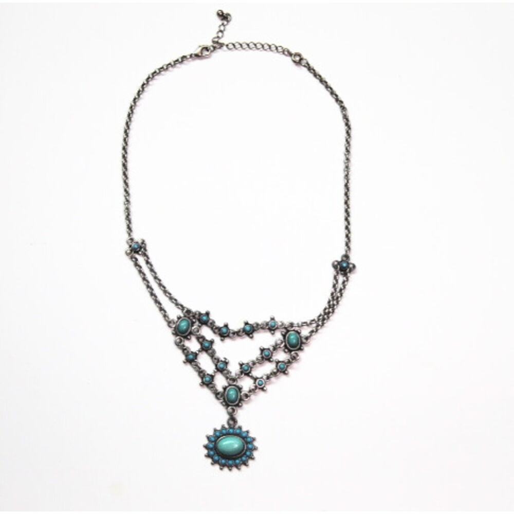 Vintage Necklace Faux Turquoise and Silver Tone Multi Strand Statement